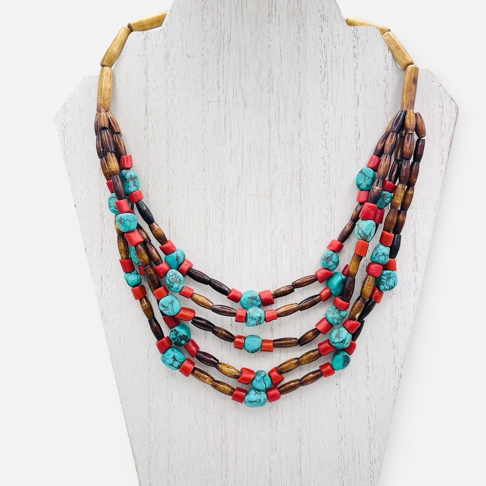 Vintage Necklace Turquoise Red Coral Cow‎ Bone Wooden Beads 19.5" Multi Strand